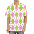 Pink Green And White Argyle Print Aloha Shirt