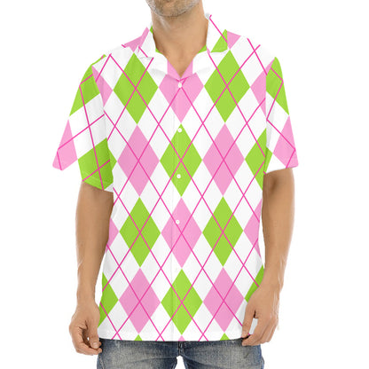 Pink Green And White Argyle Print Aloha Shirt