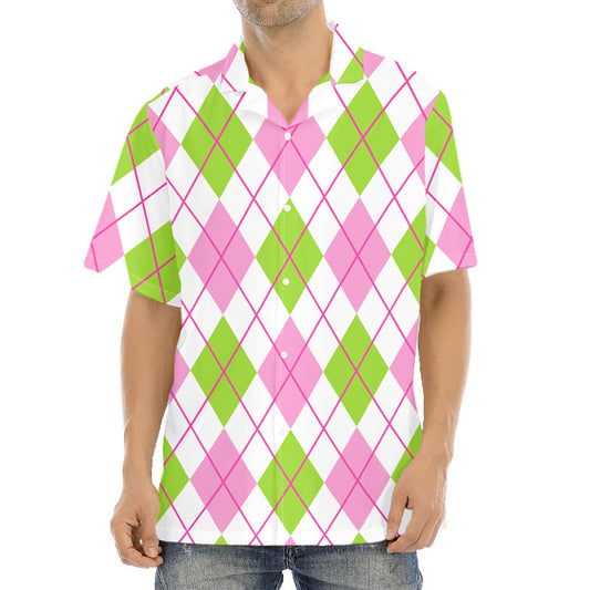 Pink Green And White Argyle Print Aloha Shirt