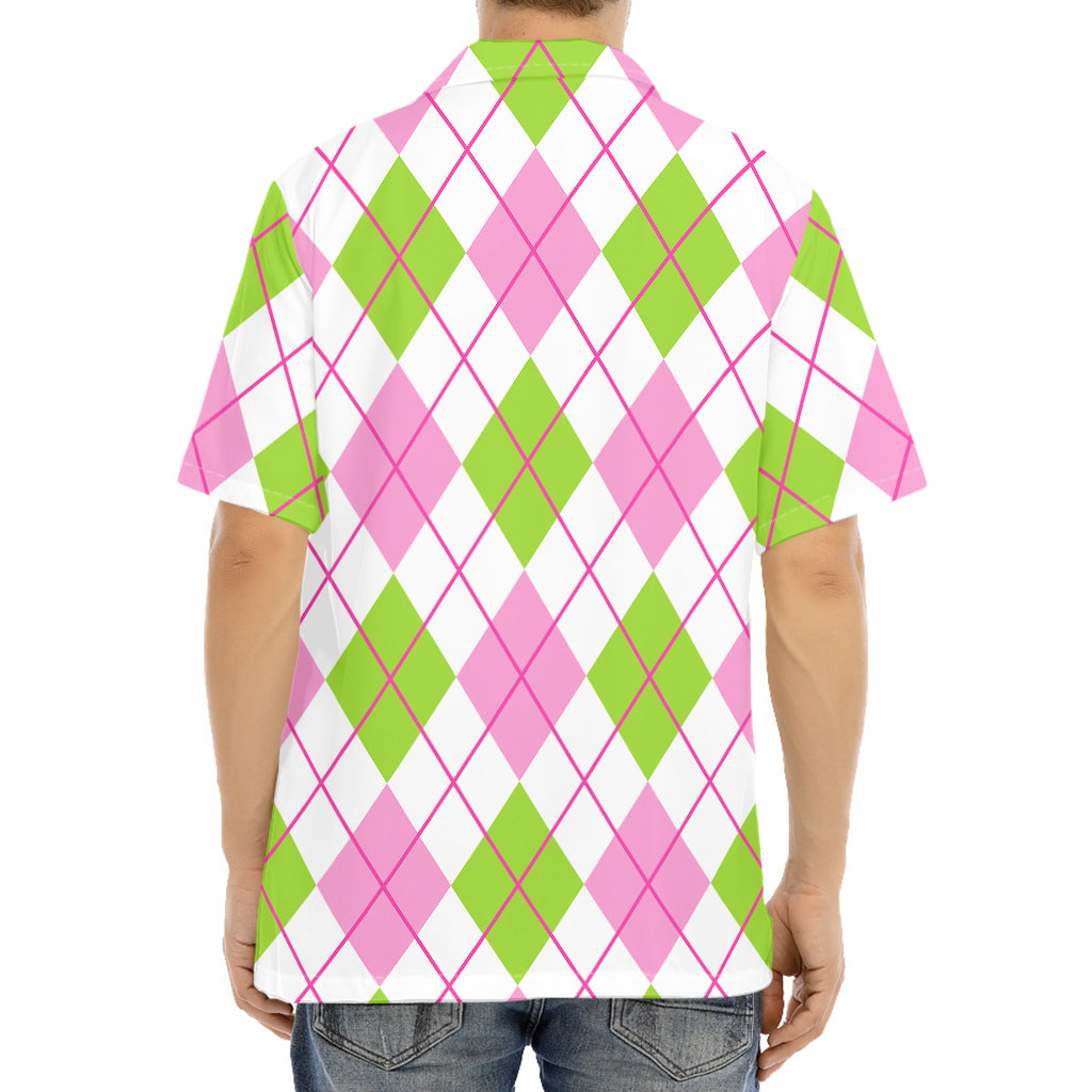 Pink Green And White Argyle Print Aloha Shirt