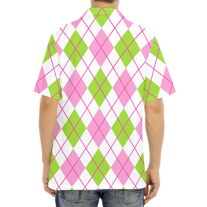 Pink Green And White Argyle Print Aloha Shirt