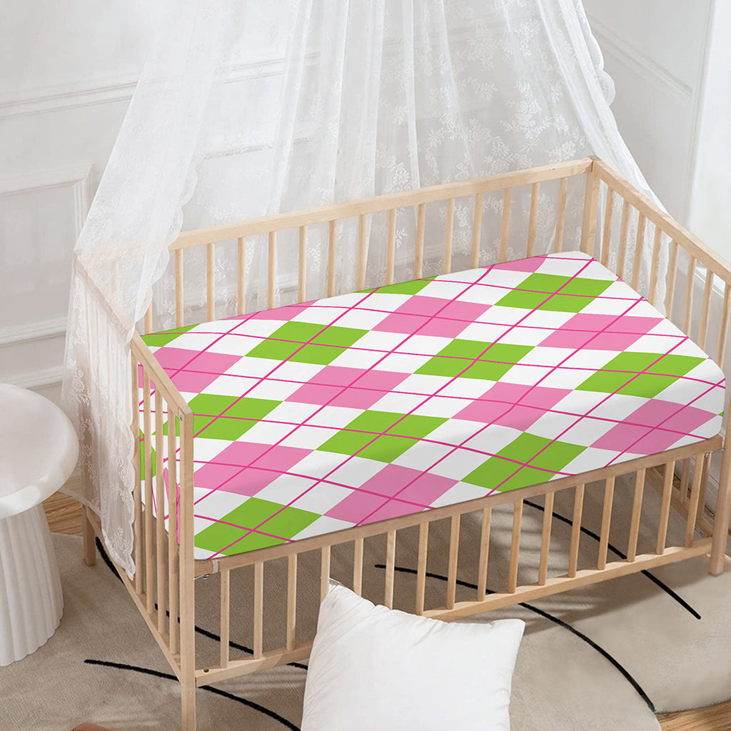 Pink Green And White Argyle Print Baby Crib Sheet