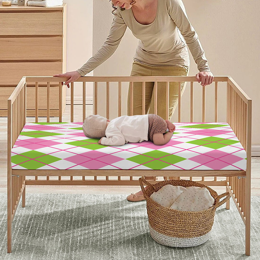 Pink Green And White Argyle Print Baby Crib Sheet