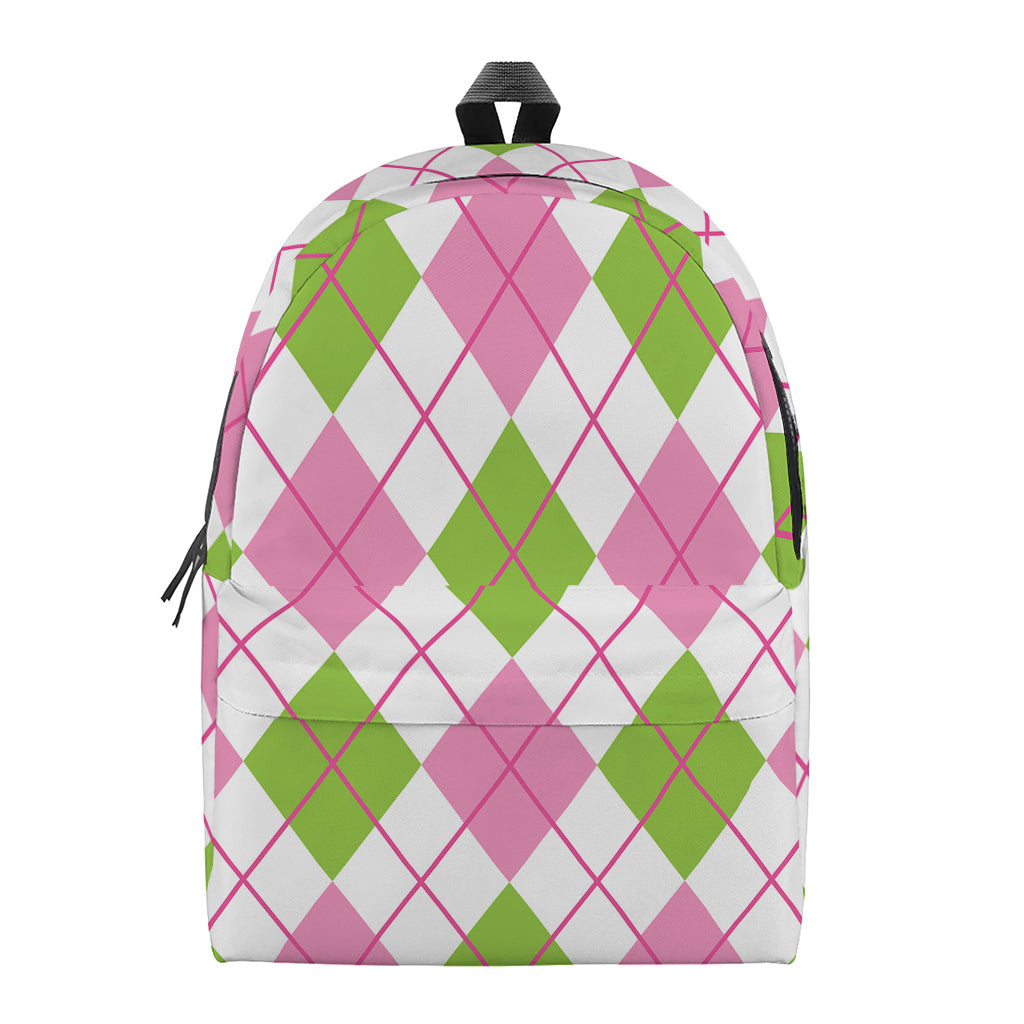 Pink Green And White Argyle Print Backpack
