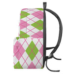 Pink Green And White Argyle Print Backpack