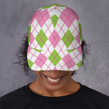 Pink Green And White Argyle Print Baseball Cap