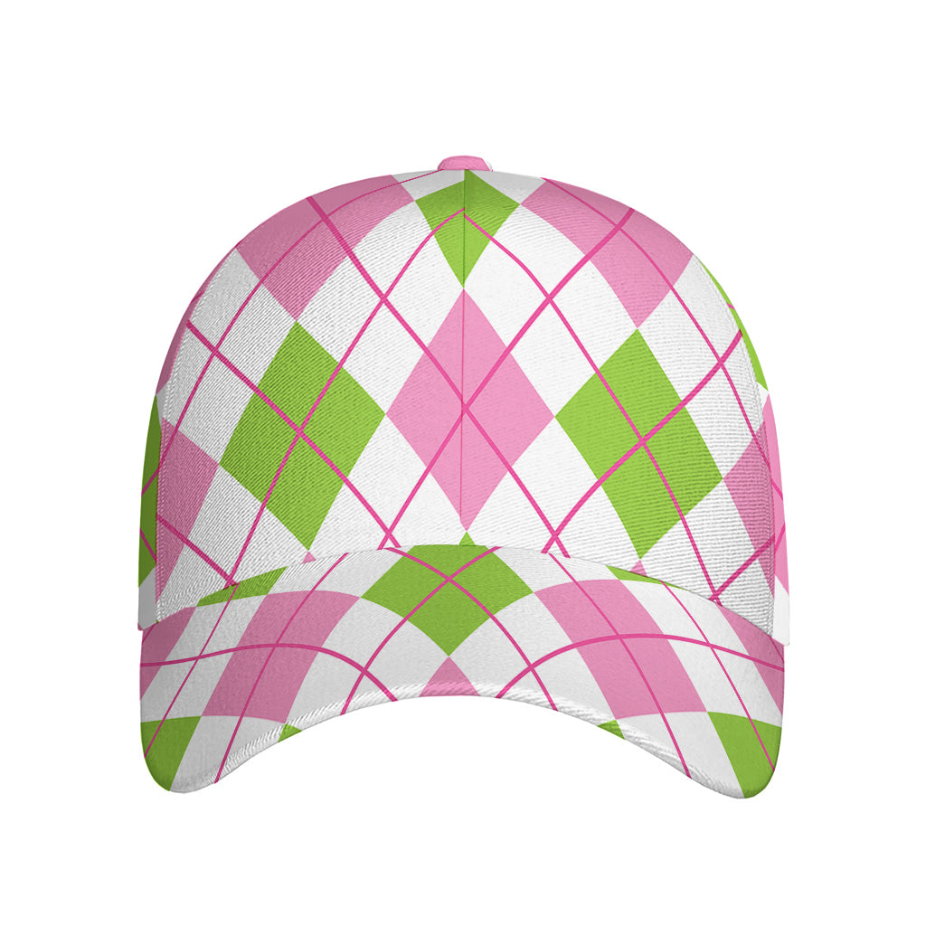 Pink Green And White Argyle Print Baseball Cap
