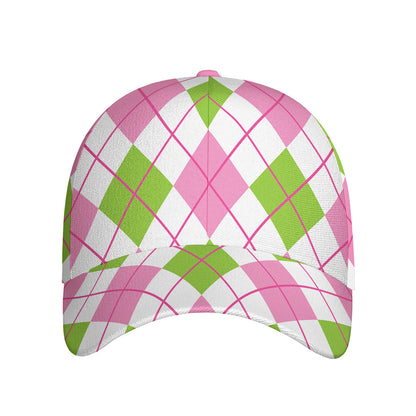Pink Green And White Argyle Print Baseball Cap