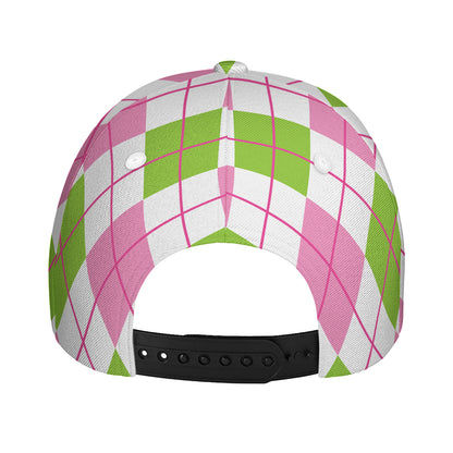 Pink Green And White Argyle Print Baseball Cap
