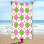 Pink Green And White Argyle Print Beach Towel