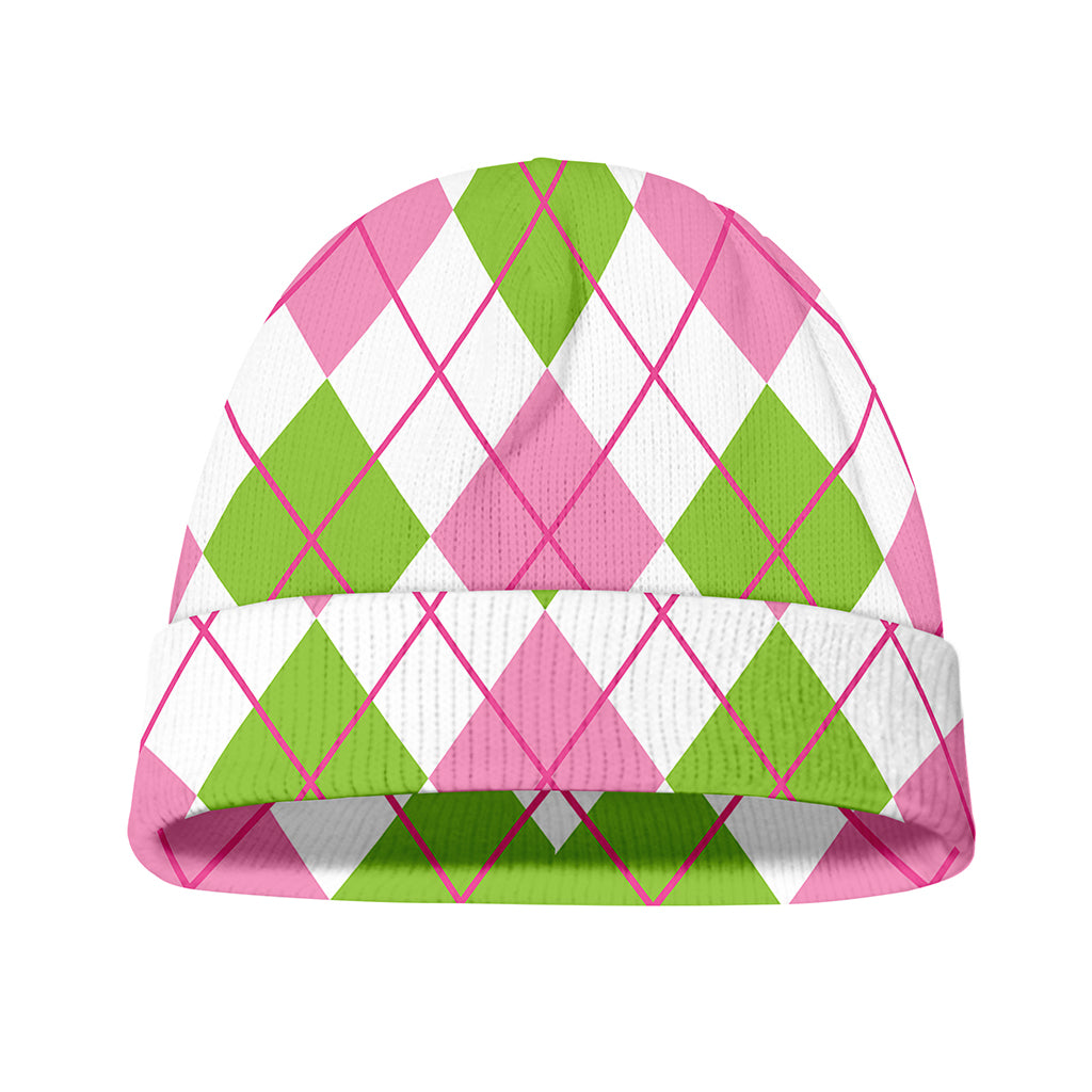 Pink Green And White Argyle Print Beanie