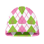Pink Green And White Argyle Print Beanie