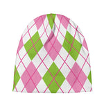 Pink Green And White Argyle Print Beanie