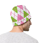 Pink Green And White Argyle Print Beanie