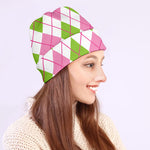 Pink Green And White Argyle Print Beanie