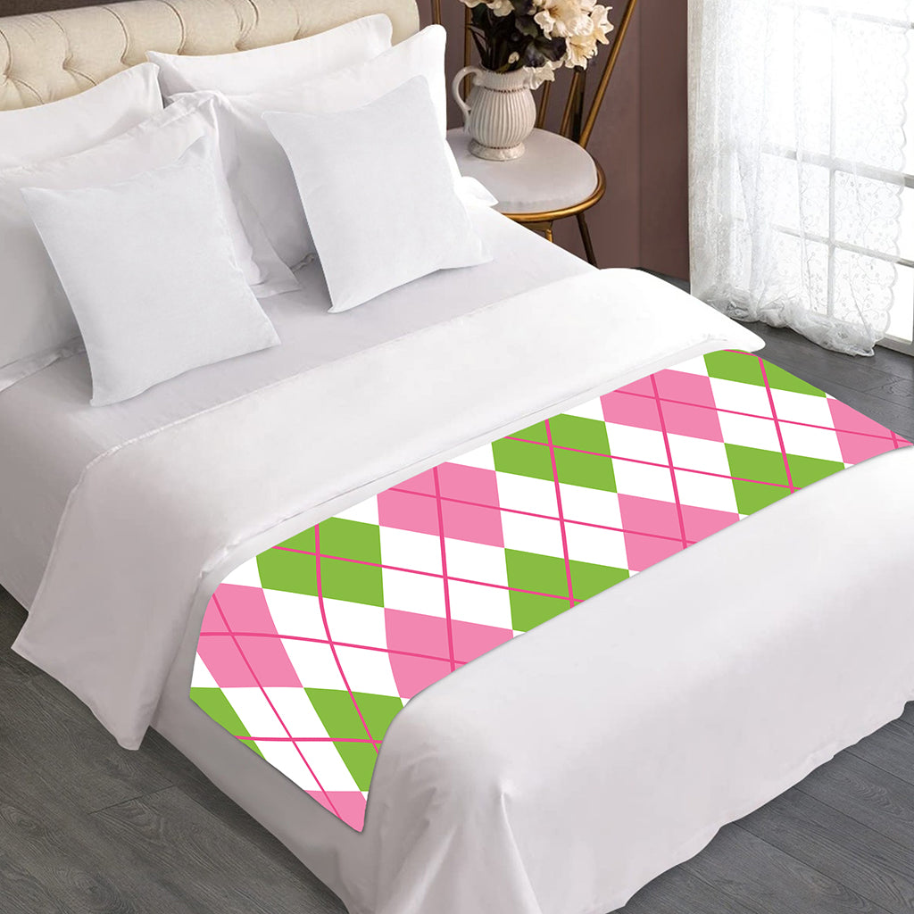 Pink Green And White Argyle Print Bed Runner