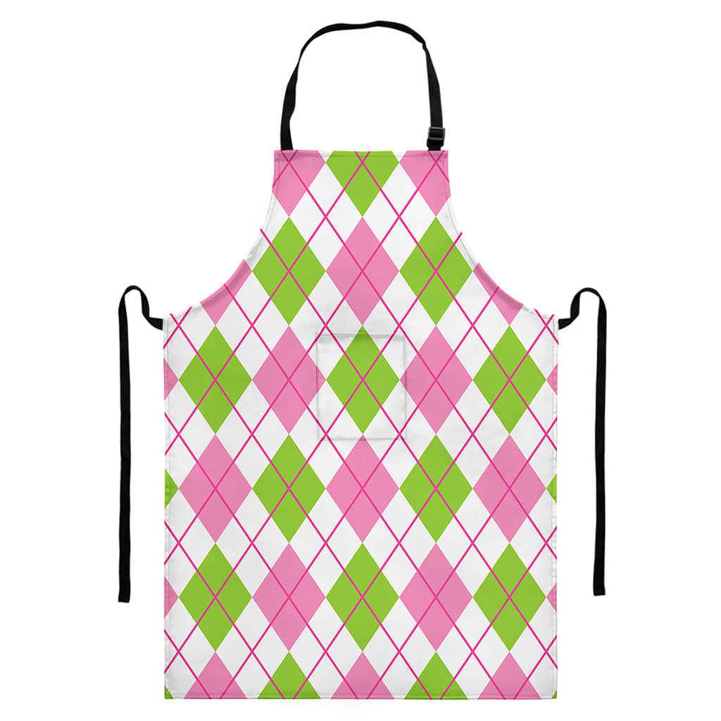 Pink Green And White Argyle Print Bib Apron With Pocket