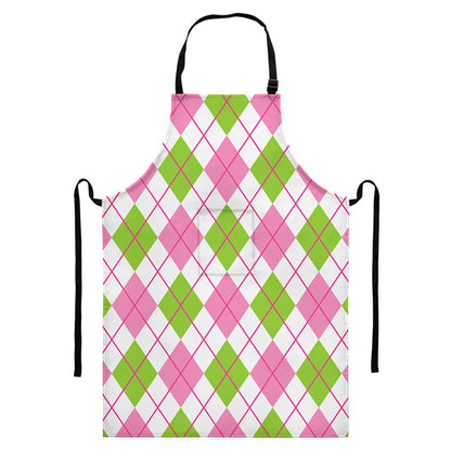 Pink Green And White Argyle Print Bib Apron With Pocket