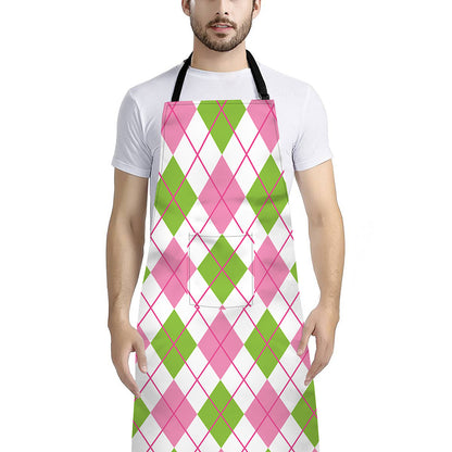 Pink Green And White Argyle Print Bib Apron With Pocket