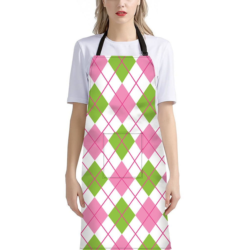 Pink Green And White Argyle Print Bib Apron With Pocket