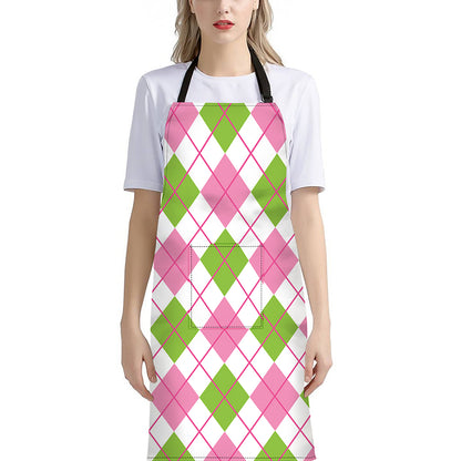 Pink Green And White Argyle Print Bib Apron With Pocket