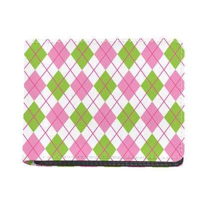 Pink Green And White Argyle Print Bifold Wallet