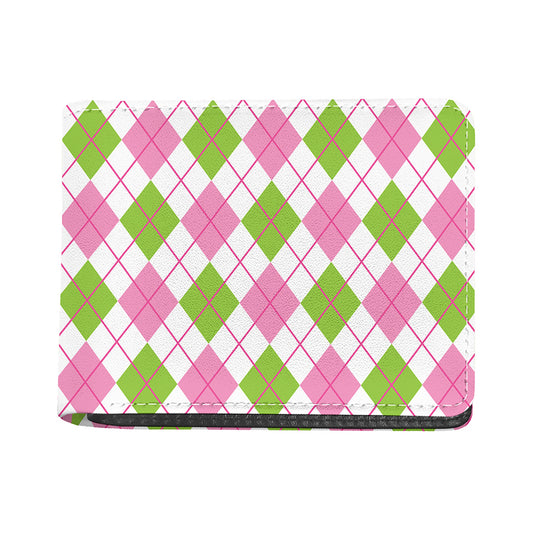 Pink Green And White Argyle Print Bifold Wallet