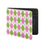 Pink Green And White Argyle Print Bifold Wallet