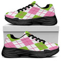 Pink Green And White Argyle Print Black Chunky Shoes