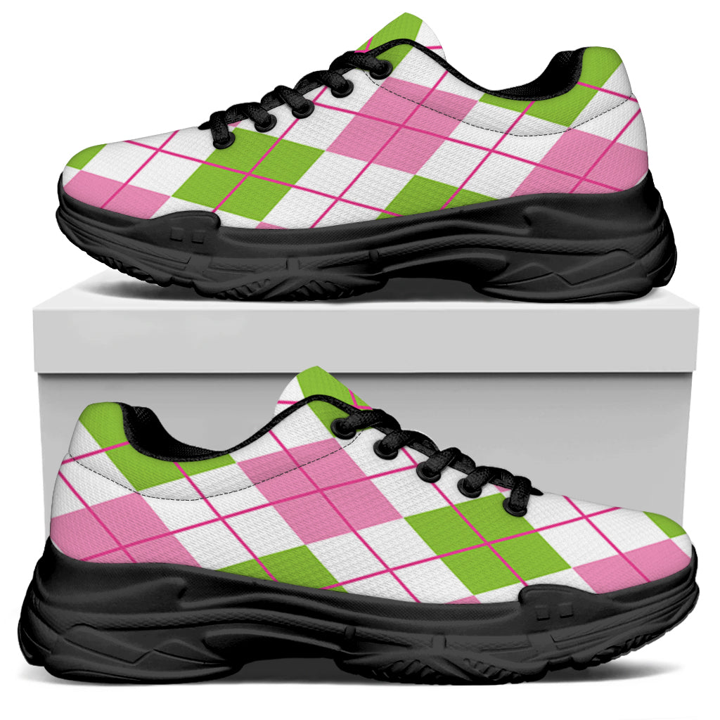 Pink Green And White Argyle Print Black Chunky Shoes