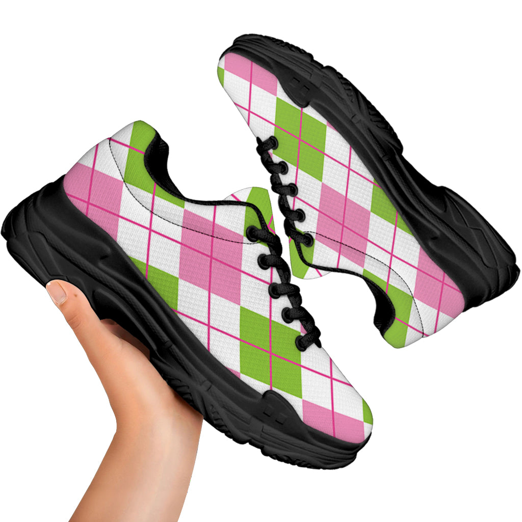 Pink Green And White Argyle Print Black Chunky Shoes