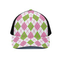 Pink Green And White Argyle Print Black Mesh Trucker Hat