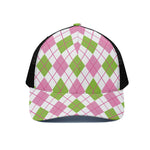 Pink Green And White Argyle Print Black Mesh Trucker Cap