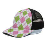 Pink Green And White Argyle Print Black Mesh Trucker Cap