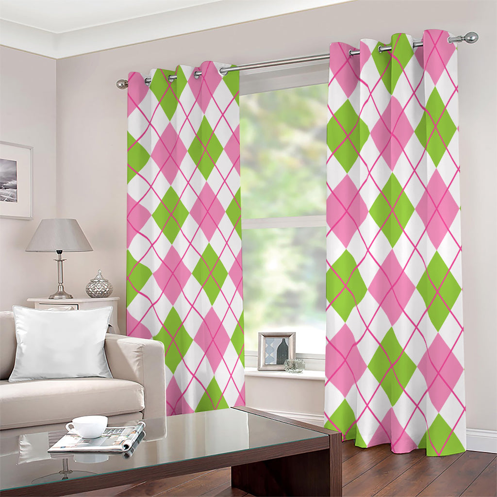 Pink Green And White Argyle Print Blackout Grommet Curtains