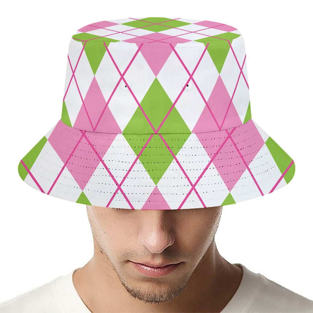 Pink Green And White Argyle Print Bucket Hat