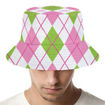 Pink Green And White Argyle Print Bucket Hat