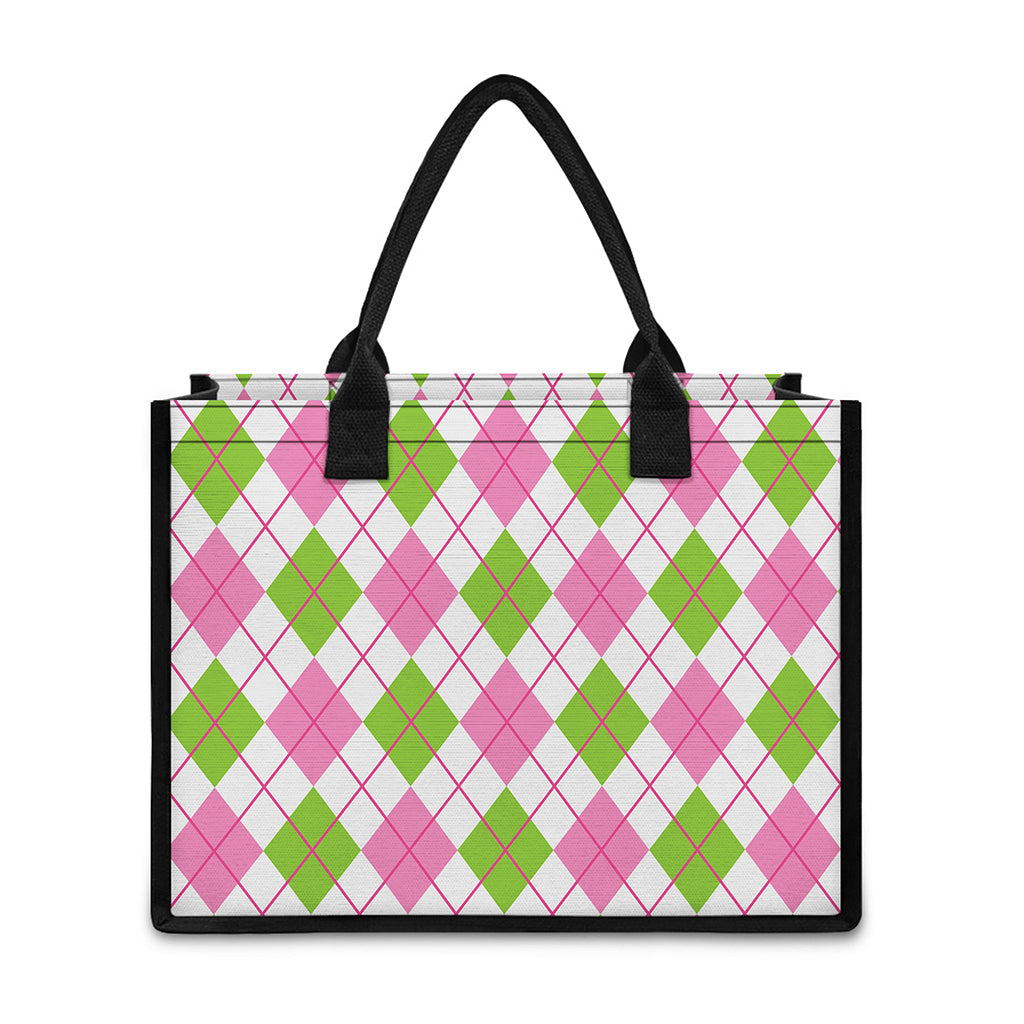 Pink Green And White Argyle Print Canvas Tote Bag