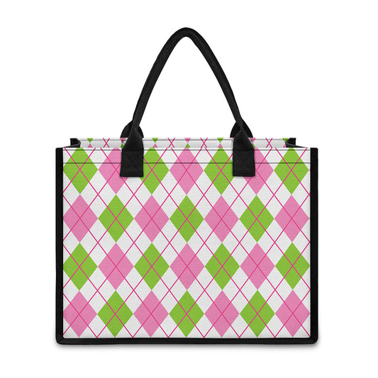 Pink Green And White Argyle Print Canvas Tote Bag