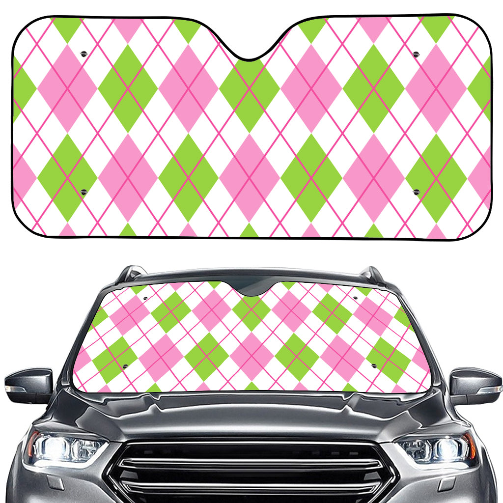 Pink Green And White Argyle Print Car Windshield Sun Shade