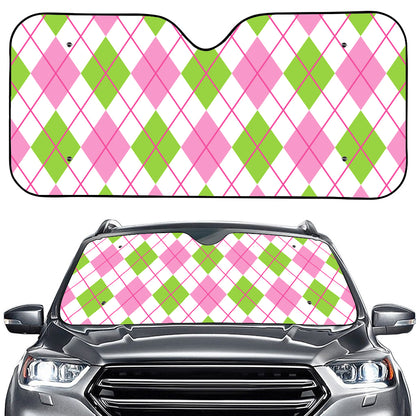 Pink Green And White Argyle Print Car Windshield Sun Shade