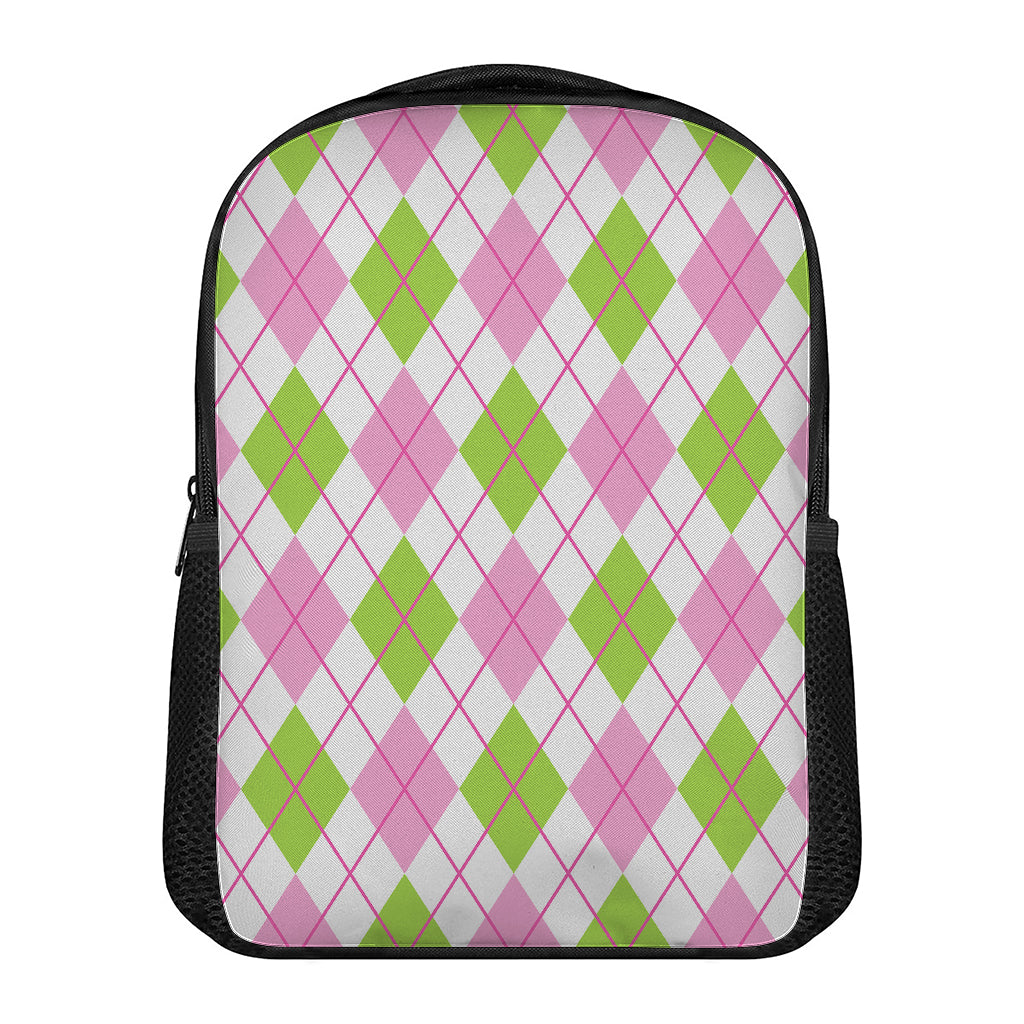 Pink Green And White Argyle Print Casual Backpack