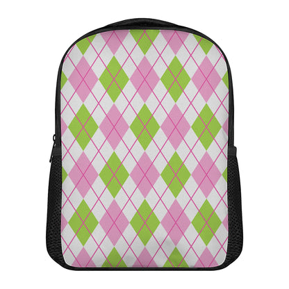 Pink Green And White Argyle Print Casual Backpack