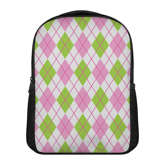 Pink Green And White Argyle Print Casual Backpack