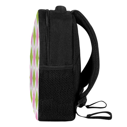 Pink Green And White Argyle Print Casual Backpack