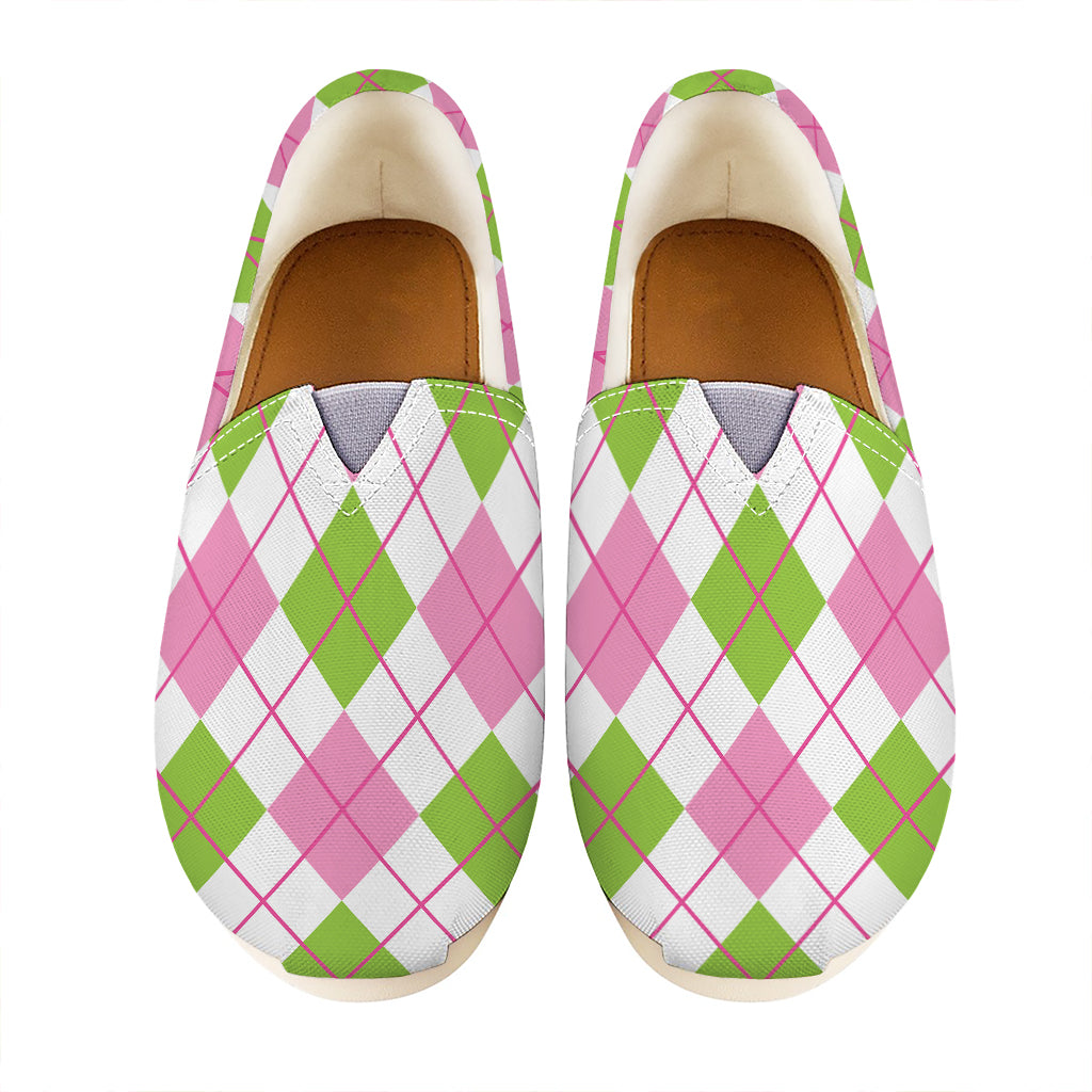 Pink Green And White Argyle Print Casual Shoes
