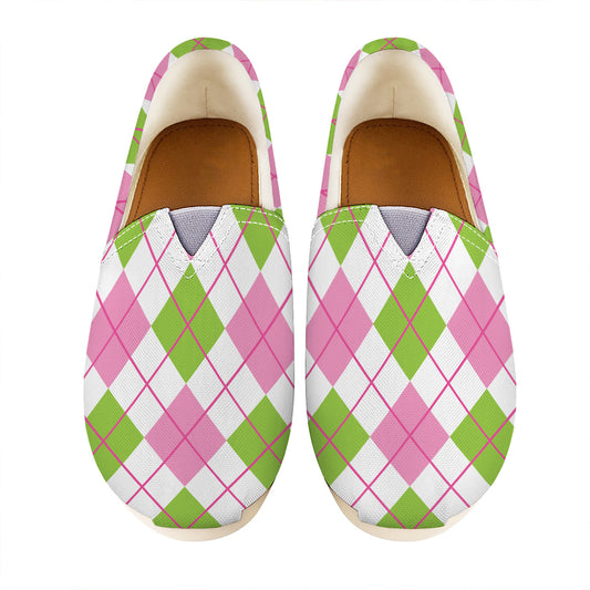 Pink Green And White Argyle Print Casual Shoes