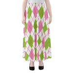 Pink Green And White Argyle Print Chiffon Maxi Skirt