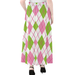 Pink Green And White Argyle Print Chiffon Maxi Skirt
