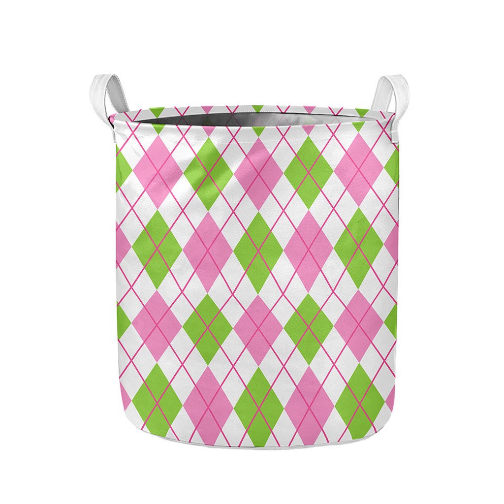 Pink Green And White Argyle Print Collapsible Laundry Basket